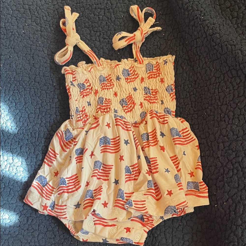 Caden Lane White Romper with Red & Blue Flag Print